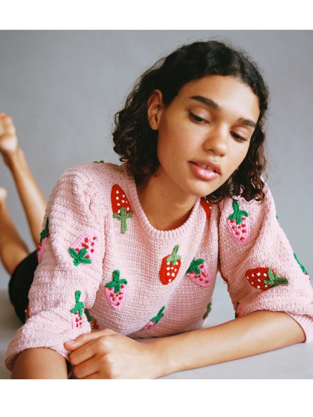 ZARA 100% Cotton Crochet Pink Strawberry Knit Top Sweater